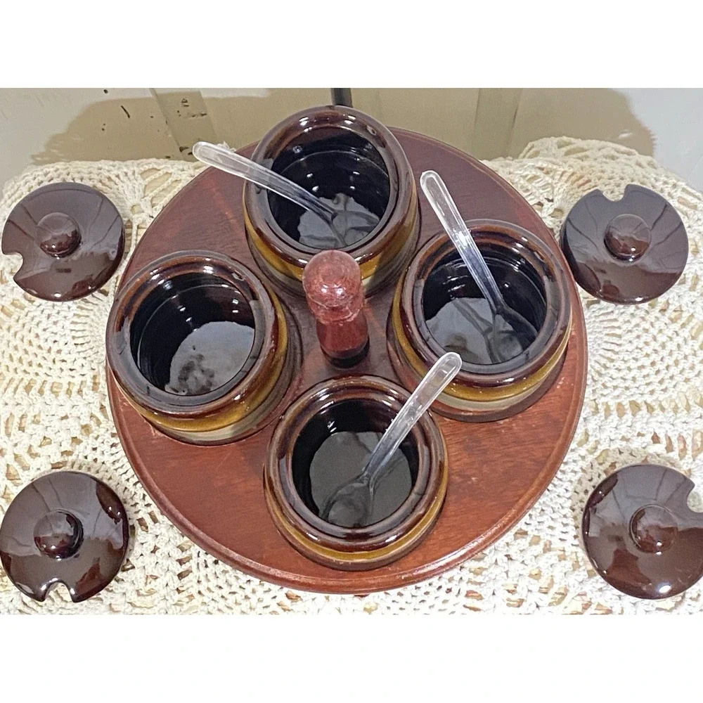 Vintage Stoneware Condiment Set w/4 Covered Labeled Jars & Spoons on Lazy‎ Susan